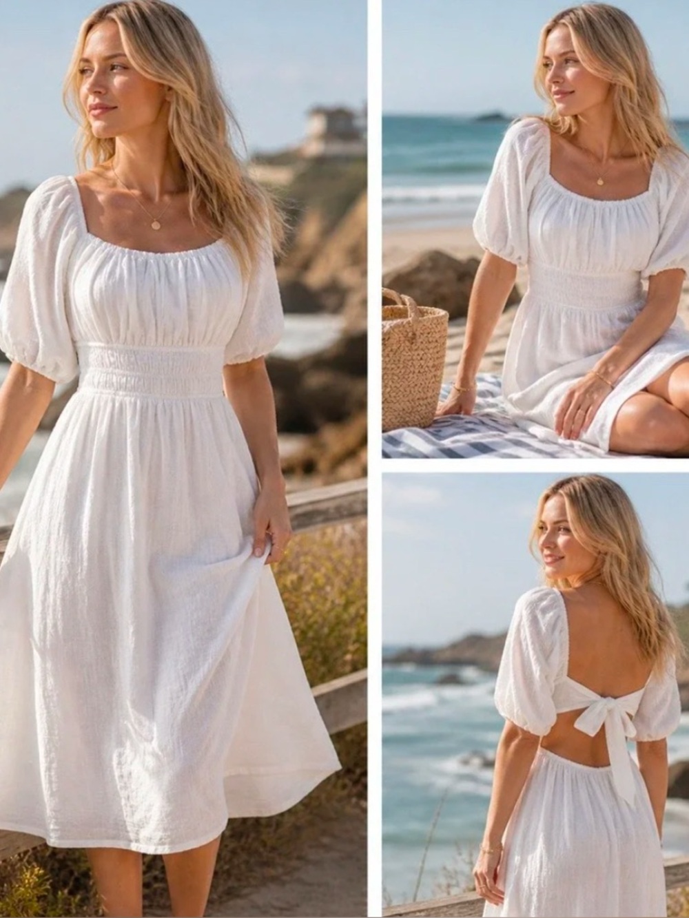 P Cill white cotton puff sleeve midi dress